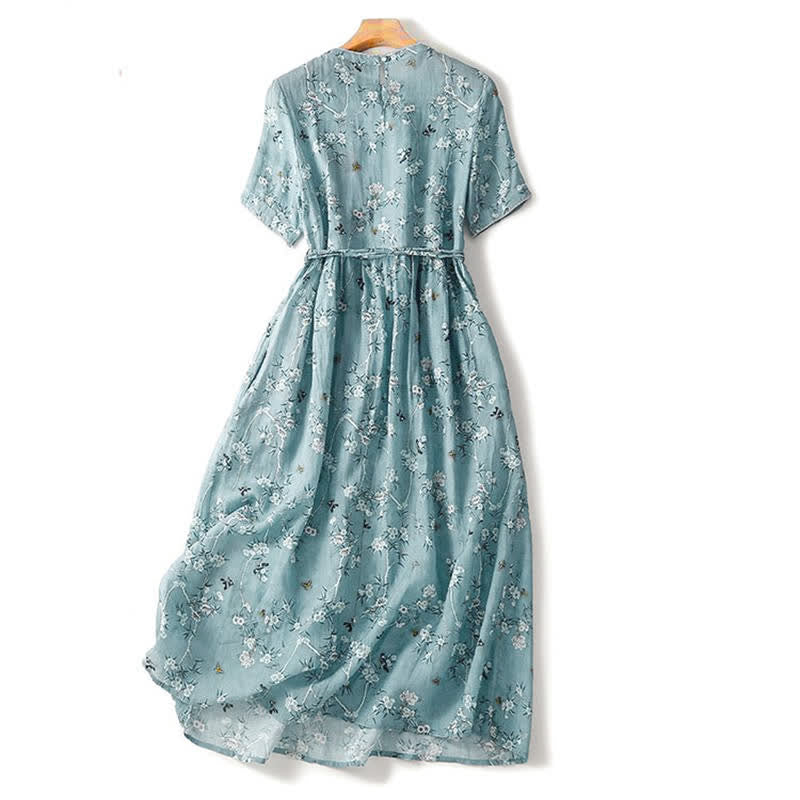 Buddha Stones Sommerliches, lässiges Vintage-Kleid mit Kordelzug, blau-floralem Muster und kurzen Ärmeln für Damen, mit kurzem Ärmeln und blauem Blumenmuster, Damen-Kurzarmkleid mit Kordelzug - image 1