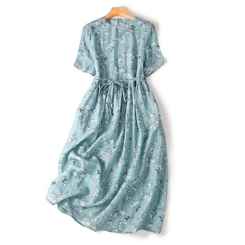 Buddha Stones Sommerliches, lässiges Vintage-Kleid mit Kordelzug, blau-floralem Muster und kurzen Ärmeln für Damen, mit kurzem Ärmeln und blauem Blumenmuster, Damen-Kurzarmkleid mit Kordelzug - Hellblau - US12, UK/AU16, EU44 (2XL) - image 0