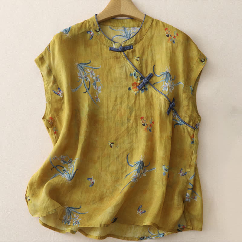 Buddha Stones Sommerliches ärmelloses Tanktop im Vintage-Stil mit Froschknopf und Orchideenmuster für Damen – Tang Style - Peru - Ärmellos - US12, UK/AU16, EU44 (2XL) - image 0