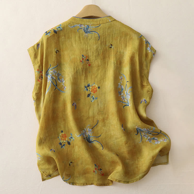 Buddha Stones Sommerliches ärmelloses Tanktop im Vintage-Stil mit Froschknopf und Orchideenmuster für Damen – Tang Style - image 1