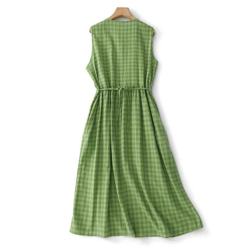 Buddha Stones Sommerliches, lässiges Vintage-Kleid mit Zierknöpfen, grünem Karomuster, ärmellos und mit Taschen für Damen - image 1