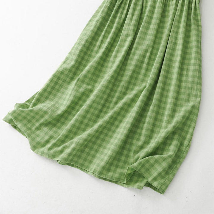 Buddha Stones Sommerliches, lässiges Vintage-Kleid mit Zierknöpfen, grünem Karomuster, ärmellos und mit Taschen für Damen - image 9