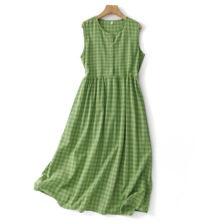 Buddha Stones Sommerliches, lässiges Vintage-Kleid mit Zierknöpfen, grünem Karomuster, ärmellos und mit Taschen für Damen - Dunkelmeergrün - US12, UK/AU16, EU44 (2XL) - image 0