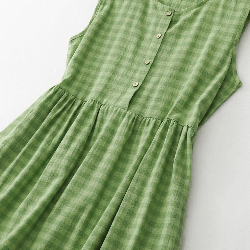 Buddha Stones Sommerliches, lässiges Vintage-Kleid mit Zierknöpfen, grünem Karomuster, ärmellos und mit Taschen für Damen - image 3