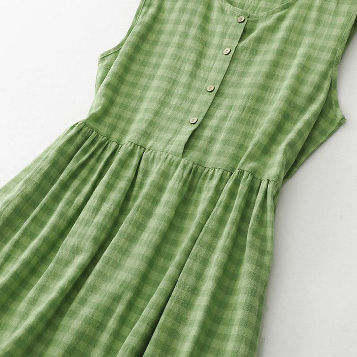 Buddha Stones Sommerliches, lässiges Vintage-Kleid mit Zierknöpfen, grünem Karomuster, ärmellos und mit Taschen für Damen - image 3