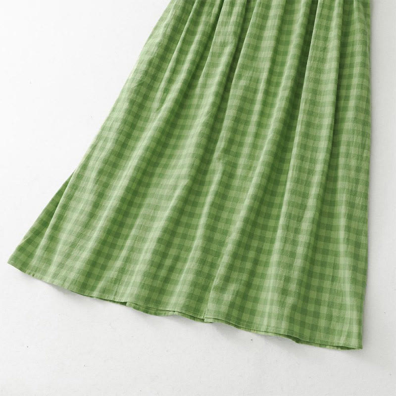 Buddha Stones Sommerliches, lässiges Vintage-Kleid mit Zierknöpfen, grünem Karomuster, ärmellos und mit Taschen für Damen - image 10