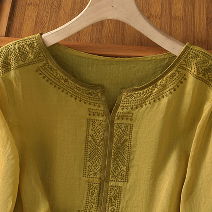 Buddha Stones Sommerliches Boho-Freizeit-T-Shirt mit geometrischer Stickerei für Damen, Kurzarm - image 14