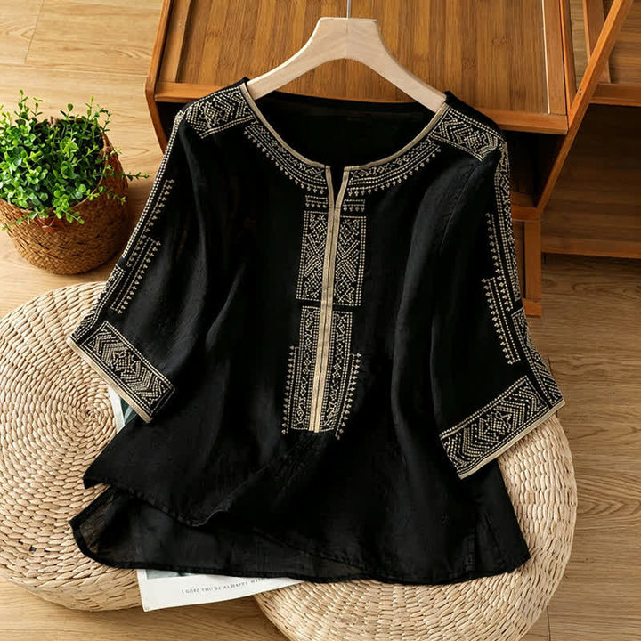 Buddha Stones Sommerliches Boho-Freizeit-T-Shirt mit geometrischer Stickerei für Damen, Kurzarm - Schwarz - US8-10, UK/AU12-14, EU40-42 (2XL) - image 0