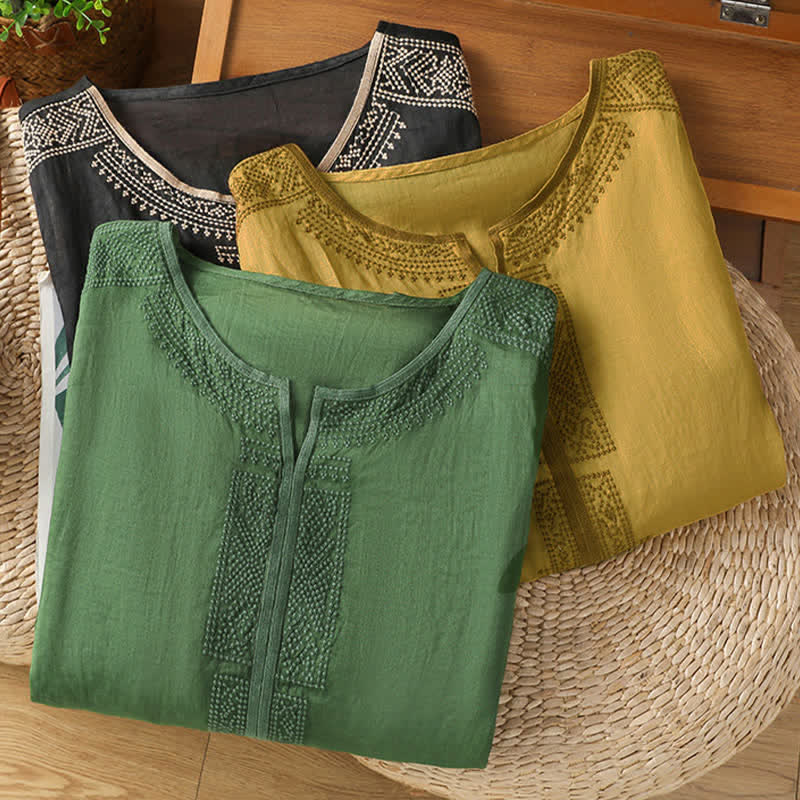 Buddha Stones Sommerliches Boho-Freizeit-T-Shirt mit geometrischer Stickerei für Damen, Kurzarm - image 22