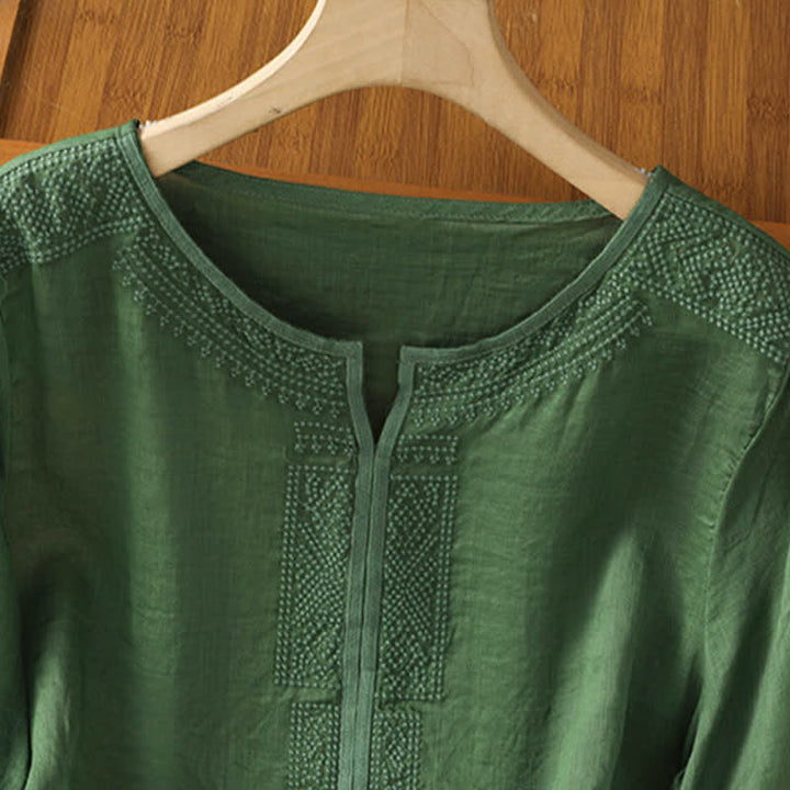 Buddha Stones Sommerliches Boho-Freizeit-T-Shirt mit geometrischer Stickerei für Damen, Kurzarm - image 8