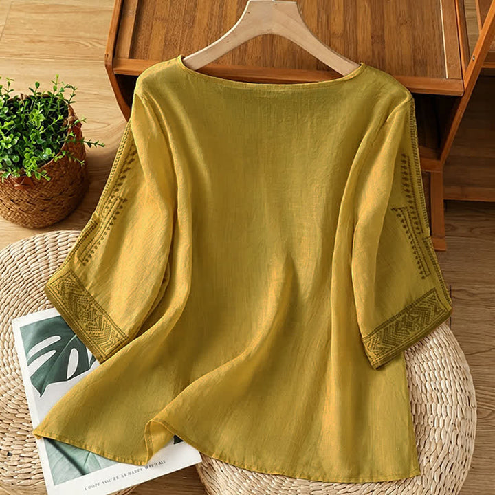Buddha Stones Sommerliches Boho-Freizeit-T-Shirt mit geometrischer Stickerei für Damen, Kurzarm - image 13