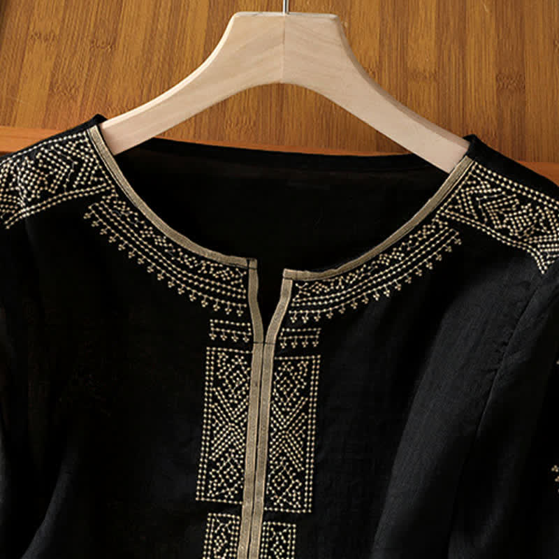 Buddha Stones Sommerliches Boho-Freizeit-T-Shirt mit geometrischer Stickerei für Damen, Kurzarm - image 2