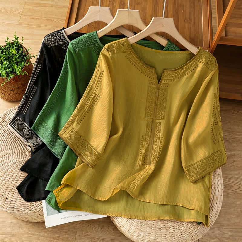 Buddha Stones Sommerliches Boho-Freizeit-T-Shirt mit geometrischer Stickerei für Damen, Kurzarm - image 21