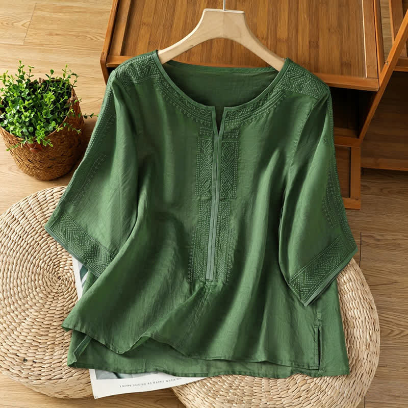 Buddha Stones Sommerliches Boho-Freizeit-T-Shirt mit geometrischer Stickerei für Damen, Kurzarm - Dunkelolivgrün - US8-10, UK/AU12-14, EU40-42 (2XL) - image 6