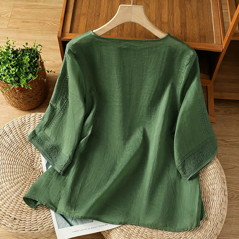 Buddha Stones Sommerliches Boho-Freizeit-T-Shirt mit geometrischer Stickerei für Damen, Kurzarm - image 7