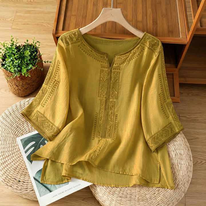 Buddha Stones Sommerliches Boho-Freizeit-T-Shirt mit geometrischer Stickerei für Damen, Kurzarm - Dunkelkhaki - US8-10, UK/AU12-14, EU40-42 (2XL) - image 12