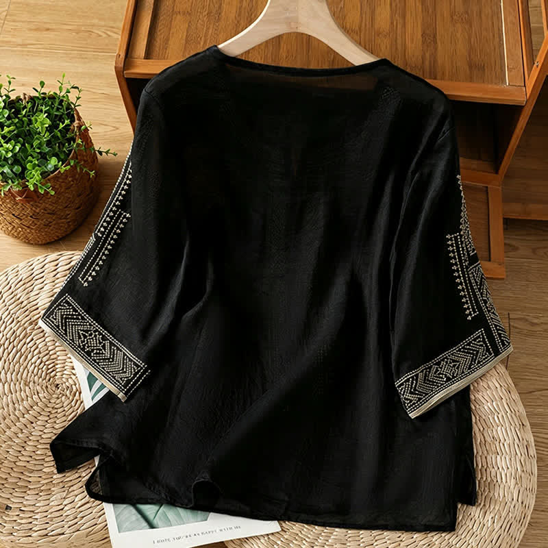 Buddha Stones Sommerliches Boho-Freizeit-T-Shirt mit geometrischer Stickerei für Damen, Kurzarm - image 1