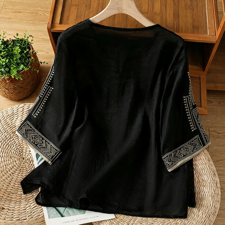 Buddha Stones Sommerliches Boho-Freizeit-T-Shirt mit geometrischer Stickerei für Damen, Kurzarm - image 1