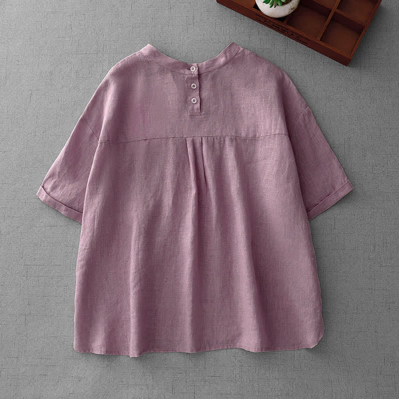 Buddha Stones Lässiges, minimalistisches Kurzarm-T-Shirt für Damen mit Rückenknopfverschluss und Vordertaschen – perfekt für den Sommer. - image 1