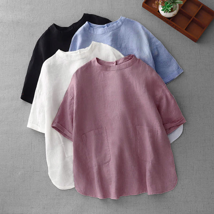 Buddha Stones Lässiges, minimalistisches Kurzarm-T-Shirt für Damen mit Rückenknopfverschluss und Vordertaschen – perfekt für den Sommer. - image 29