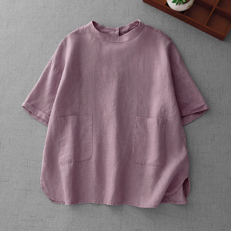 Buddha Stones Lässiges, minimalistisches Kurzarm-T-Shirt für Damen mit Rückenknopfverschluss und Vordertaschen – perfekt für den Sommer. - Distel - US14, UK/AU18, EU46 (2XL) - image 0