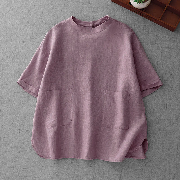 Buddha Stones Lässiges, minimalistisches Kurzarm-T-Shirt für Damen mit Rückenknopfverschluss und Vordertaschen – perfekt für den Sommer. - Distel - US14, UK/AU18, EU46 (2XL) - image 0
