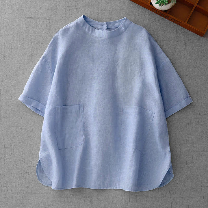 Buddha Stones Lässiges, minimalistisches Kurzarm-T-Shirt für Damen mit Rückenknopfverschluss und Vordertaschen – perfekt für den Sommer. - Hellstahlblau - US14, UK/AU18, EU46 (2XL) - image 10