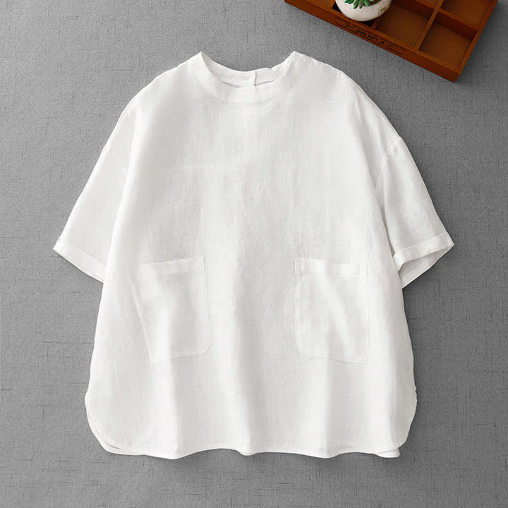 Buddha Stones Lässiges, minimalistisches Kurzarm-T-Shirt für Damen mit Rückenknopfverschluss und Vordertaschen – perfekt für den Sommer. - Weiß - US14, UK/AU18, EU46 (2XL) - image 23