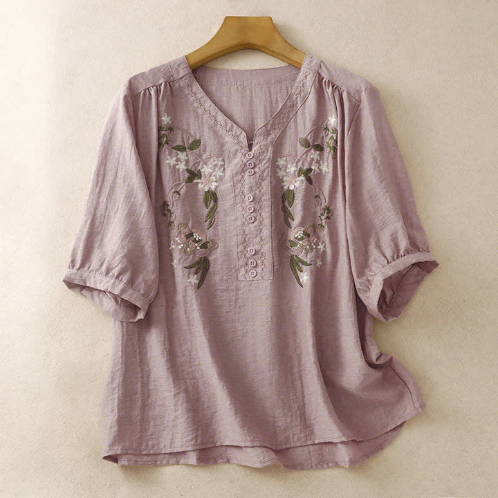 Buddha Stones Sommerliches Boho-Damen-Kurzarmshirt mit Blumenstickerei - Blassviolettrot - US 8-10, UK/AU 12-14, EU 40-42 (2XL) - image 6