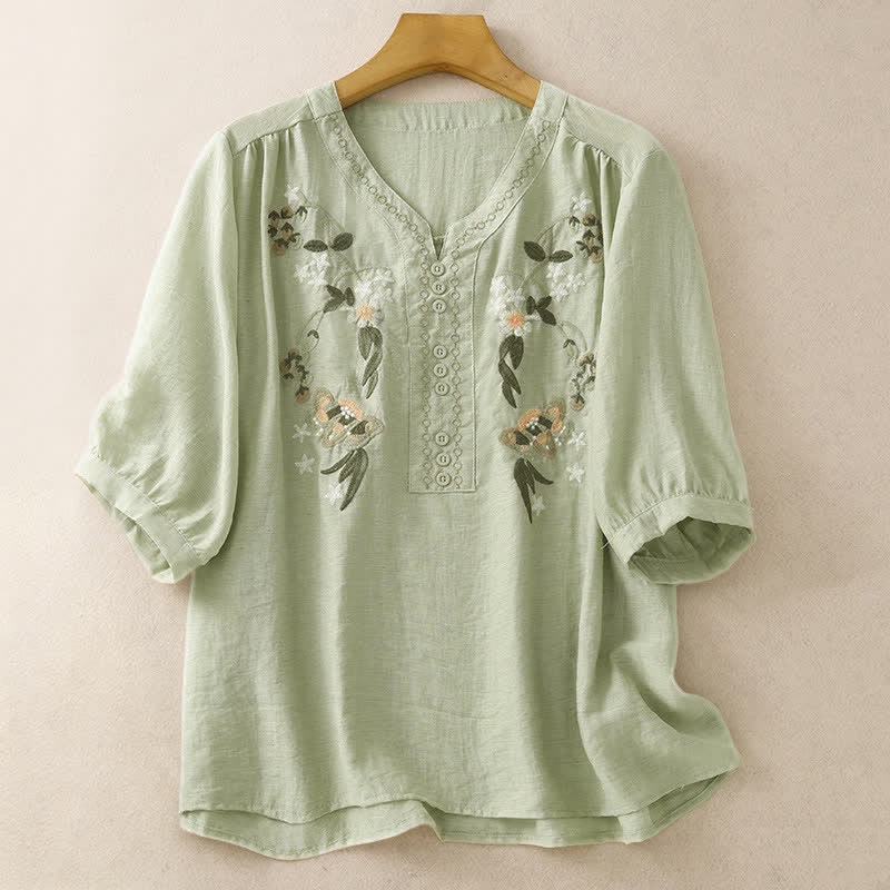 Buddha Stones Sommerliches Boho-Damen-Kurzarmshirt mit Blumenstickerei - Dunkelseegrün - US 8-10, UK/AU 12-14, EU 40-42 (2XL) - image 0