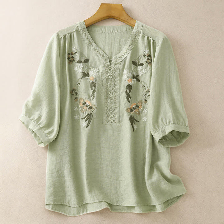 Buddha Stones Sommerliches Boho-Damen-Kurzarmshirt mit Blumenstickerei - Dunkelseegrün - US 8-10, UK/AU 12-14, EU 40-42 (2XL) - image 0
