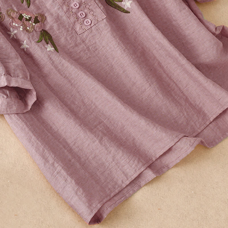 Buddha Stones Sommerliches Boho-Damen-Kurzarmshirt mit Blumenstickerei - image 12