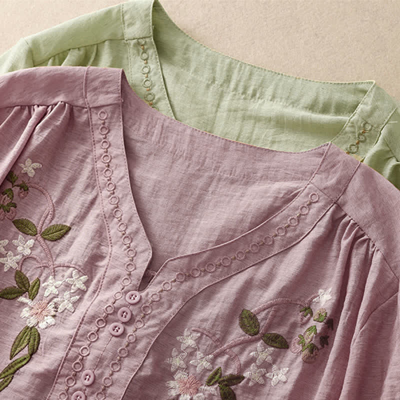 Buddha Stones Sommerliches Boho-Damen-Kurzarmshirt mit Blumenstickerei - image 18