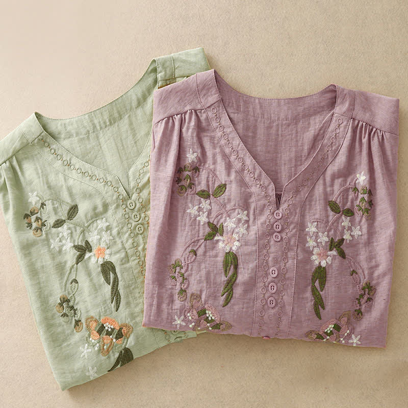 Buddha Stones Sommerliches Boho-Damen-Kurzarmshirt mit Blumenstickerei - image 17