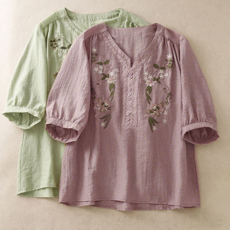 Buddha Stones Sommerliches Boho-Damen-Kurzarmshirt mit Blumenstickerei - image 16