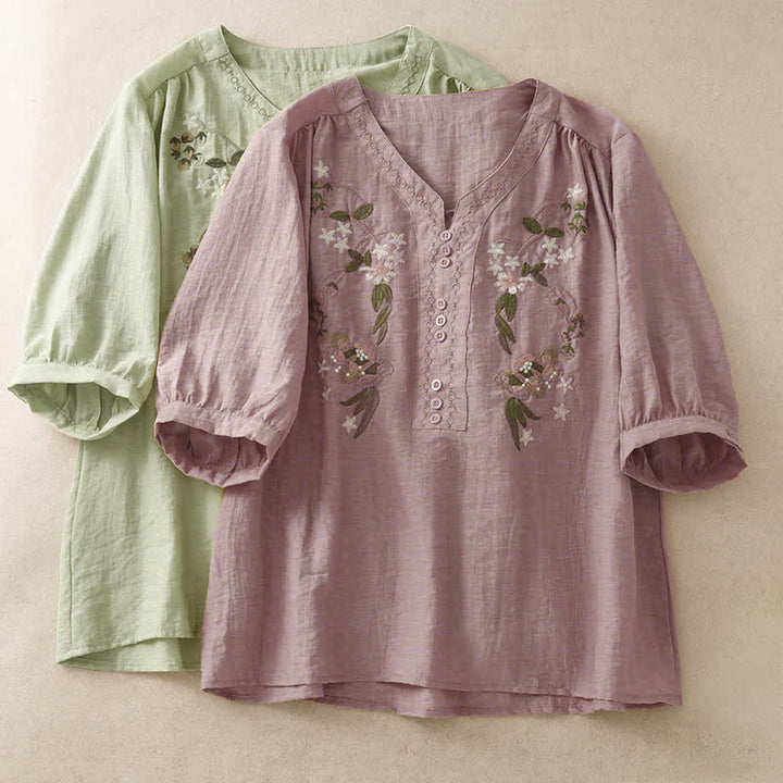 Buddha Stones Sommerliches Boho-Damen-Kurzarmshirt mit Blumenstickerei - image 16