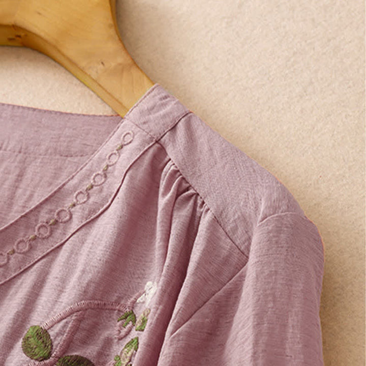Buddha Stones Sommerliches Boho-Damen-Kurzarmshirt mit Blumenstickerei - image 9