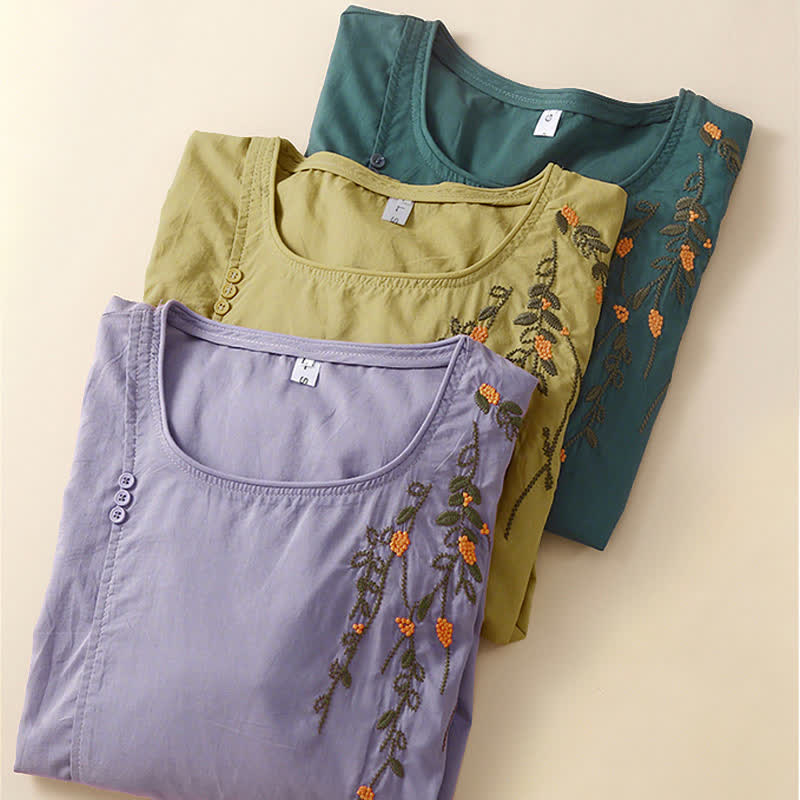 Buddha Stones Lässiges Sommer-T-Shirt mit Rundhalsausschnitt, Blumenstickerei und kurzen Ärmeln für Damen - image 16