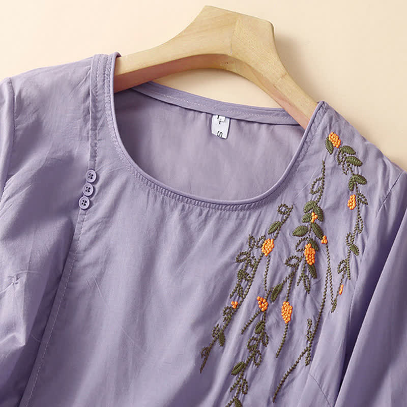 Buddha Stones Lässiges Sommer-T-Shirt mit Rundhalsausschnitt, Blumenstickerei und kurzen Ärmeln für Damen - image 1