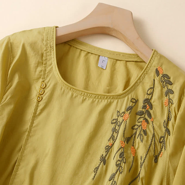 Buddha Stones Lässiges Sommer-T-Shirt mit Rundhalsausschnitt, Blumenstickerei und kurzen Ärmeln für Damen - image 8