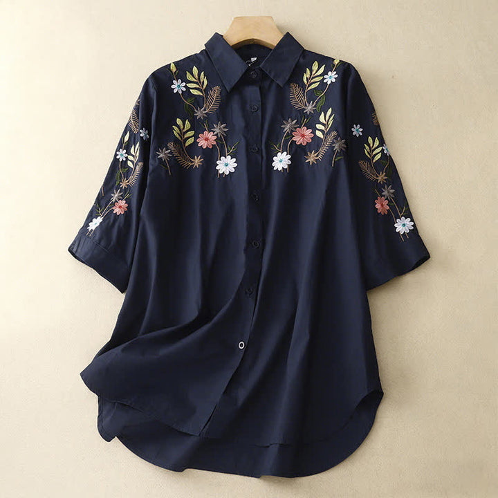 Buddha Stones Boho-Damenbluse mit Blumenstickerei für Frühling und Sommer, Kurzarm - Mitternachtsblau - US 8-10, UK/AU 12-14, EU 40-42 (2XL) - image 0
