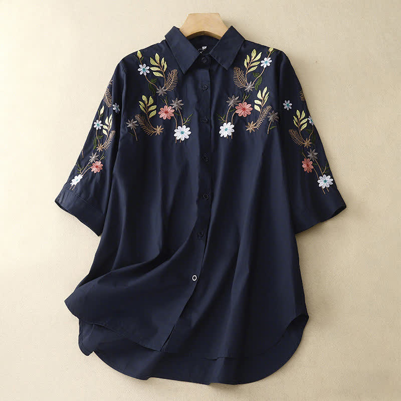 Buddha Stones Boho-Damenbluse mit Blumenstickerei für Frühling und Sommer, Kurzarm - Mitternachtsblau - US 8-10, UK/AU 12-14, EU 40-42 (2XL) - image 0