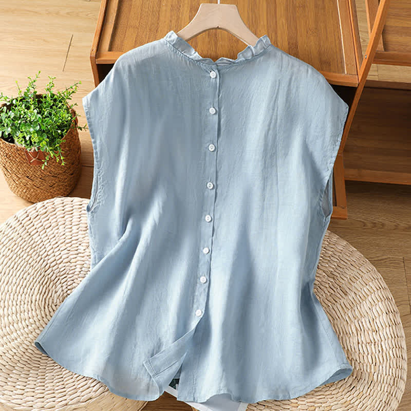 Buddha Stones Lässiges, sommerliches Damenhemd mit Rüschenkragen, Knopfleiste am Rücken und Ärmeln - image 1
