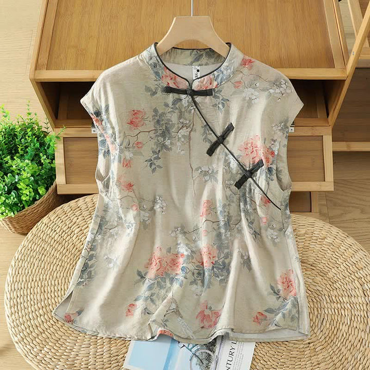 Buddha Stones Elegante, ärmellose Damenbluse mit Stehkragen, Seitenschlitz und Blumenmuster, Seitenschlitz und elegantem Stehkragen. - Beige - US14, UK/AU18, EU46 (2XL) - image 0