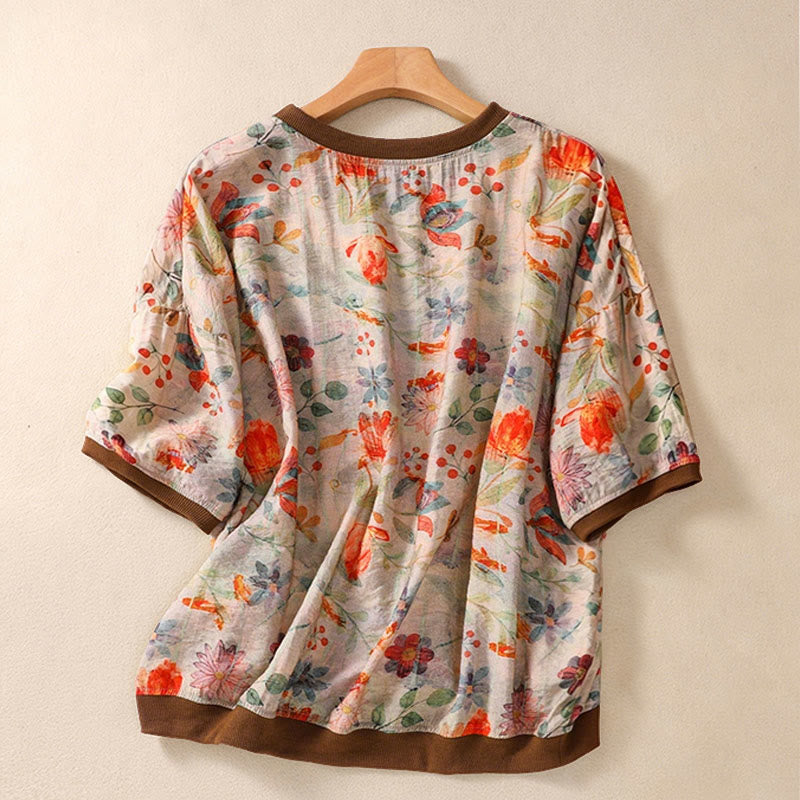 Buddha Stones Sommerliche Vintage-T-Shirts mit Rundhalsausschnitt und Blumenmuster für Damen, Kurzarm - image 1