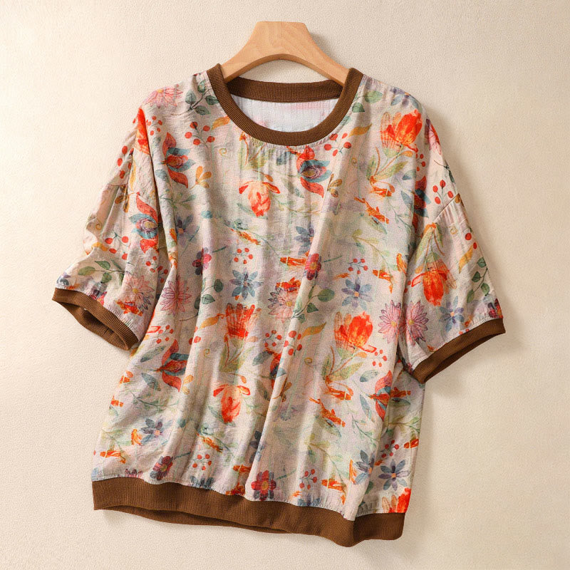 Buddha Stones Sommerliche Vintage-T-Shirts mit Rundhalsausschnitt und Blumenmuster für Damen, Kurzarm - Weizen - US14, UK/AU18, EU46 (2XL) - image 0