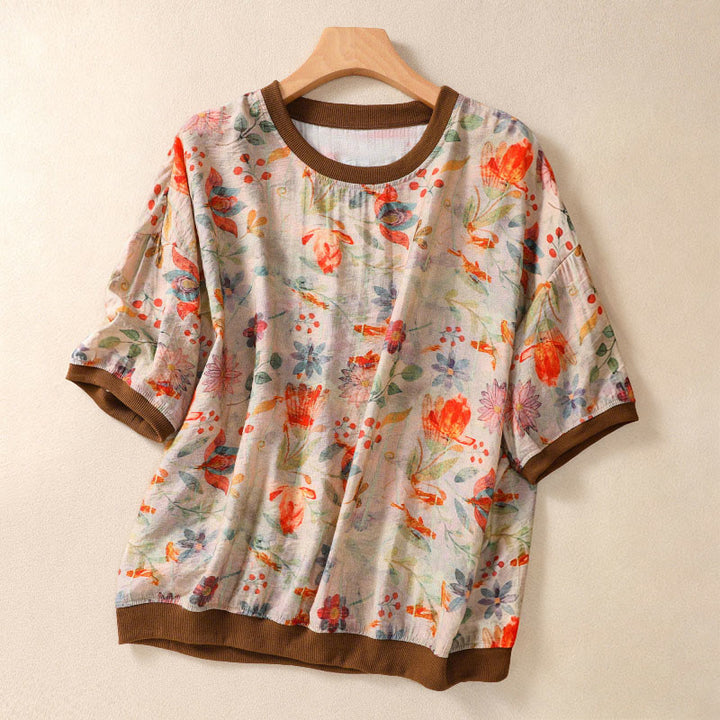 Buddha Stones Sommerliche Vintage-T-Shirts mit Rundhalsausschnitt und Blumenmuster für Damen, Kurzarm - Weizen - US14, UK/AU18, EU46 (2XL) - image 0