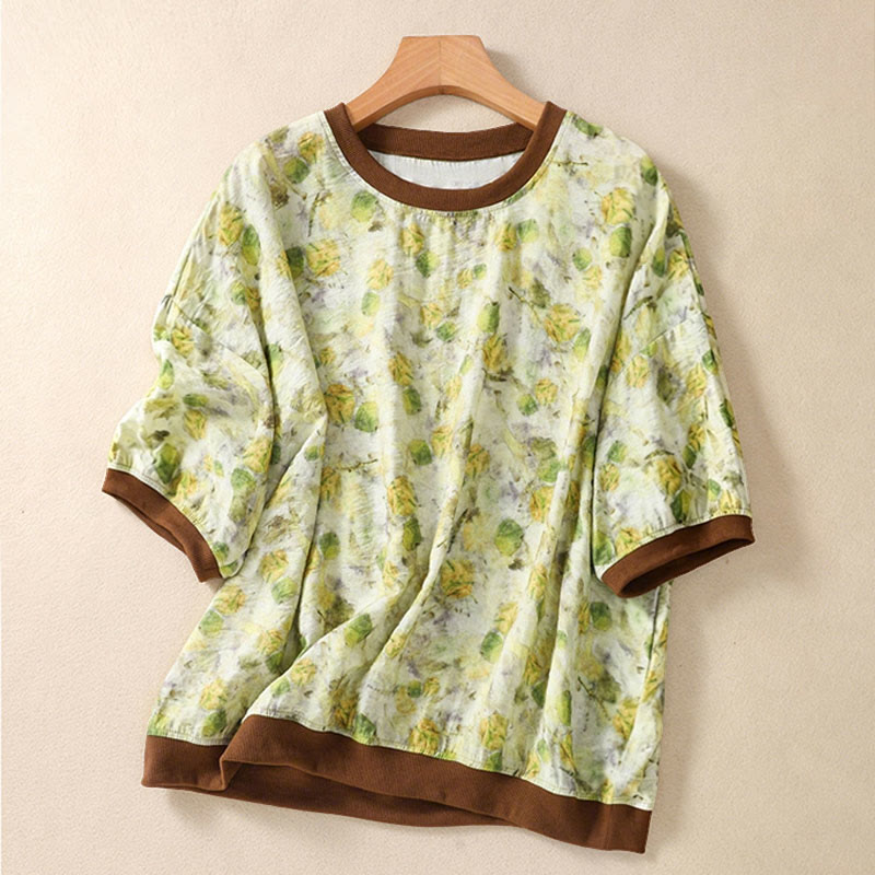 Buddha Stones Sommerliche Vintage-T-Shirts mit Rundhalsausschnitt und Blumenmuster für Damen, Kurzarm - Gelbgrün - US14, UK/AU18, EU46 (2XL) - image 7