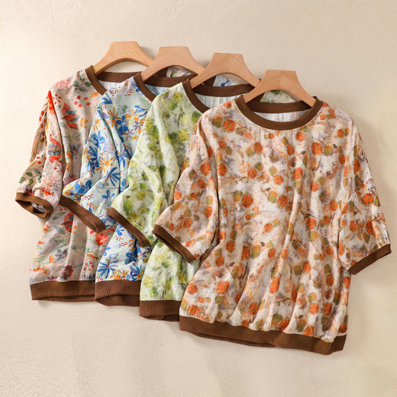 Buddha Stones Sommerliche Vintage-T-Shirts mit Rundhalsausschnitt und Blumenmuster für Damen, Kurzarm - image 24