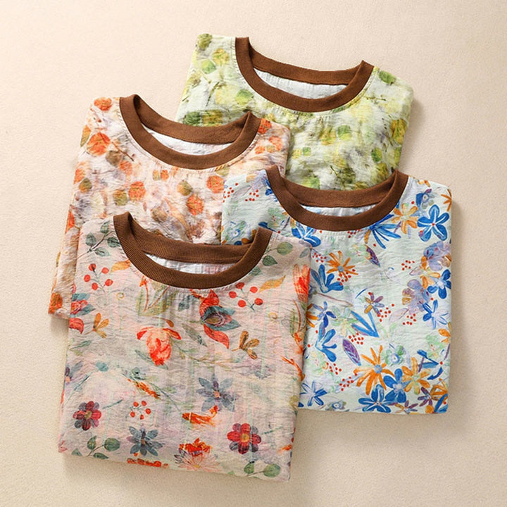 Buddha Stones Sommerliche Vintage-T-Shirts mit Rundhalsausschnitt und Blumenmuster für Damen, Kurzarm - image 25
